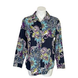 Chico's | Women's Blue and Purple Retro Floral No-Iron Button Down Top | Size: M